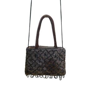 Women’s Brown Beaded Embellished Velvet With Satin Handles & Fringe Evening Bag
